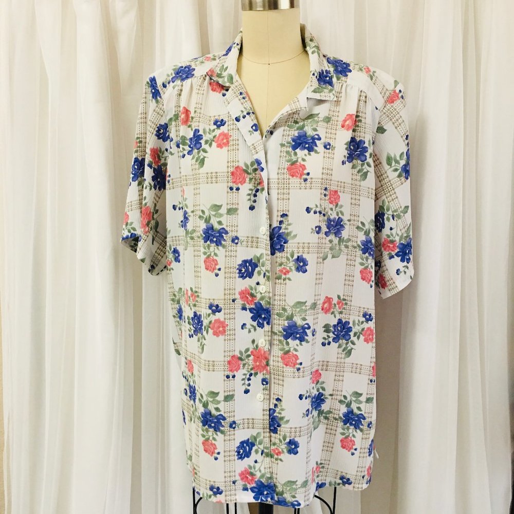 Floral Button-Up Shirt - White with Blue & Pink Flowers
